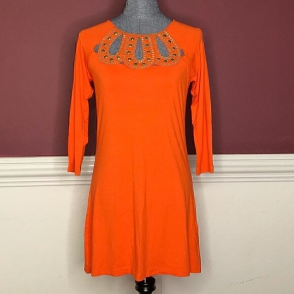 Joyous & Free Orange Beaded Shift Dress size small keyholes cute - Picture 3 of 4